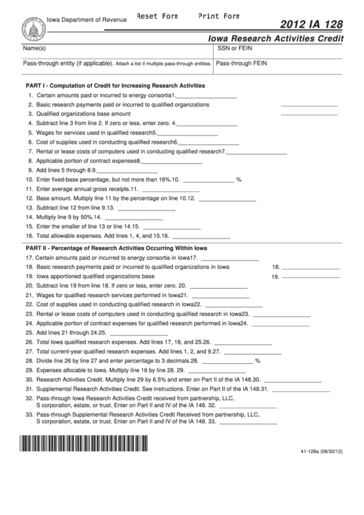 Fillable Form Ia 128 - Iowa Research Activities Credit - 2012 Printable pdf