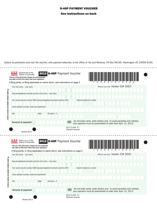 Fillable Form D-40p - Payment Voucher - 2012 Printable pdf