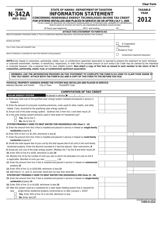 Fillable Form N-342a - Information Statement Concerning Renewable Energy Technologies Income Tax Credit - 2012 Printable pdf