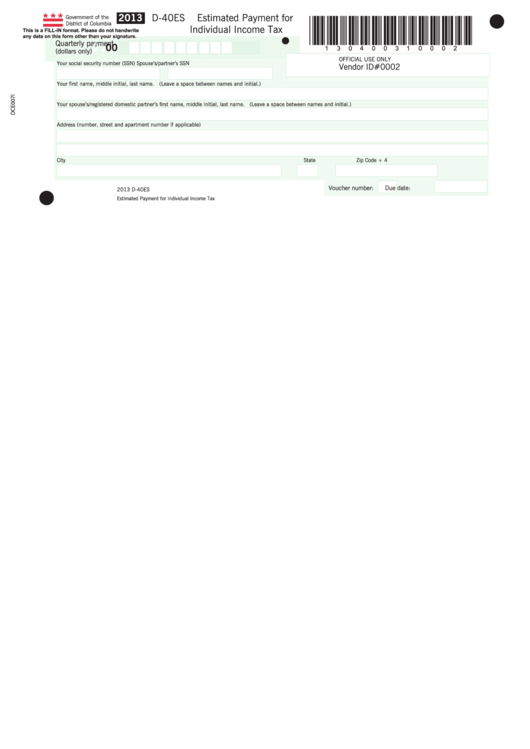 Fillable Form D-40es - Estimated Payment For Individual Income Tax - 2013 Printable pdf