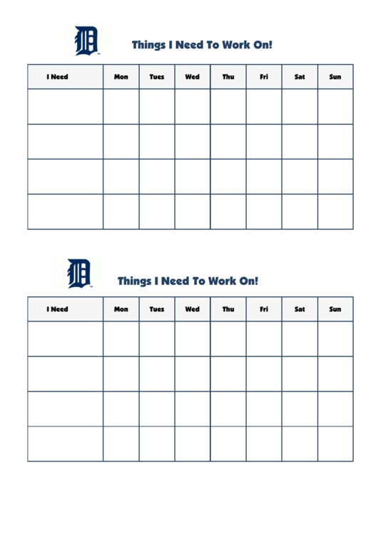 Things I Need To Work On Chart - Detroit Tigers Double Printable pdf
