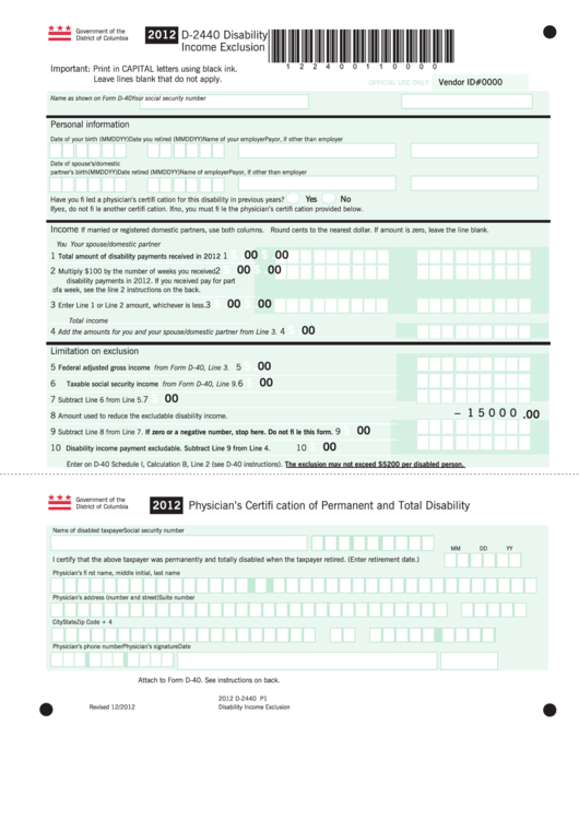 Form D-2440 - Disability Income Exclusion - 2012 Printable pdf