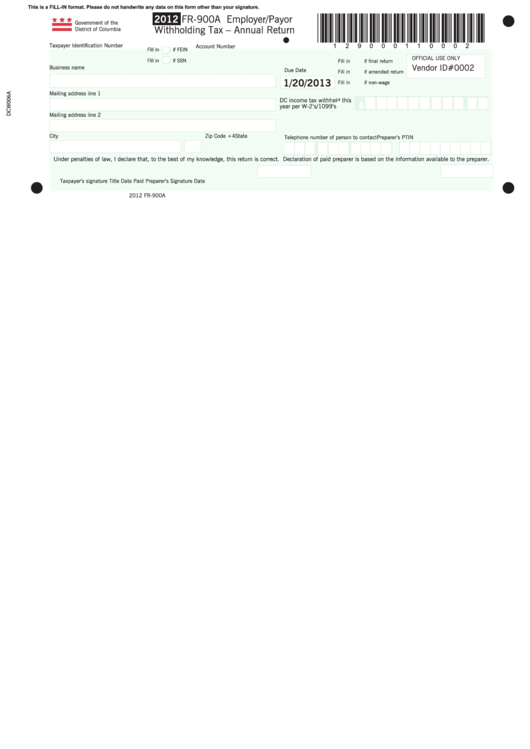 Fillable Form Fr-900a - Employer/payor Withholding Tax - Annual Return - 2012 Printable pdf