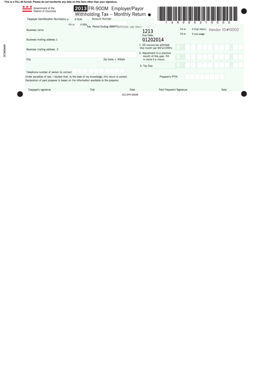 Fillable Form Fr-900m - Employer/payor Withholding Tax - Monthly Return - 2013 Printable pdf