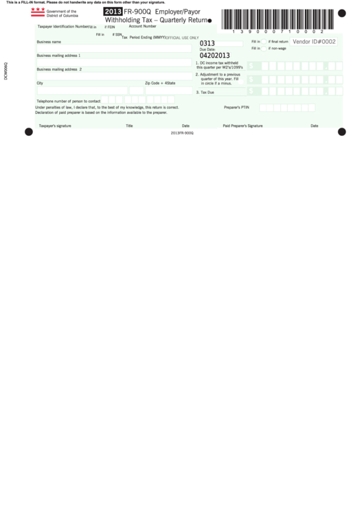 Fillable Form Fr-900q - Employer/payor Withholding Tax - Quarterly Return - 2013 Printable pdf