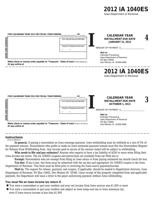 Form Ia 1040es - Nonresident Request For Release From Withholding - 2012 Printable pdf