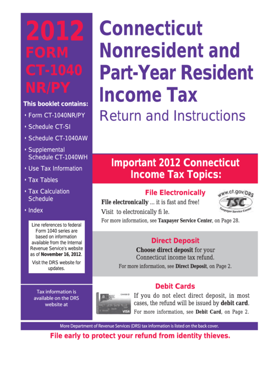 Form Ct-1040 Nr/py - Connecticut Nonresident And Part-Year Resident Income Tax Return And Instructions - 2012 Printable pdf