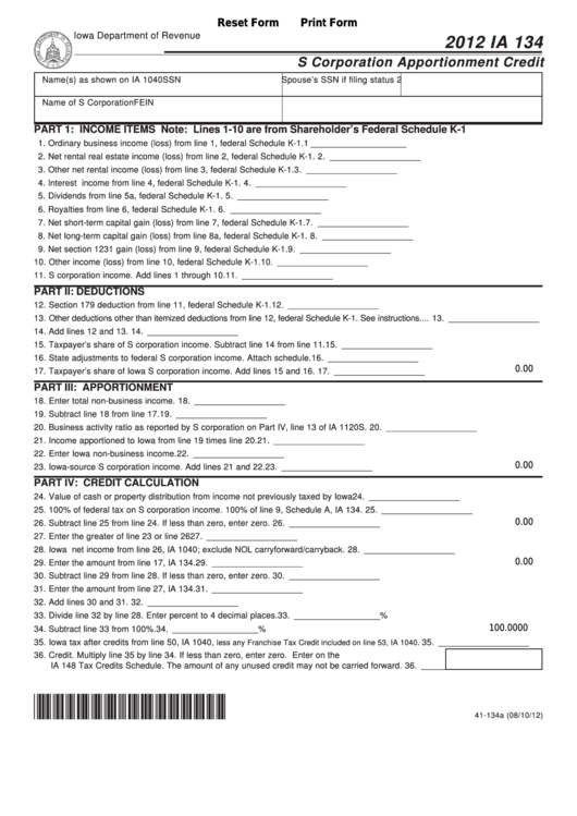Fillable Form Ia 134 - S Corporation Apportionment Credit - 2012 Printable pdf