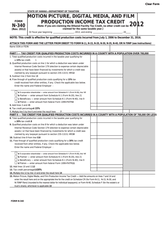 Form N-340 - Motion Picture, Digital Media, And Film Production Income Tax Credit - 2012