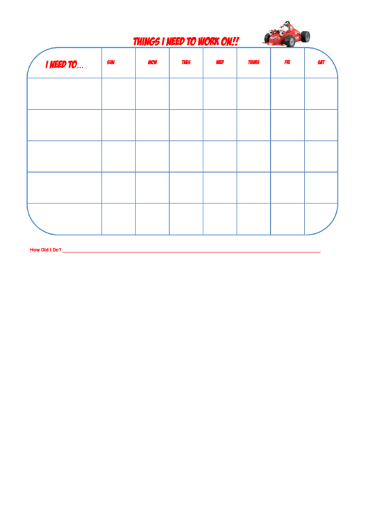 Things I Need To Work On Chart - Rory Racing Car Printable pdf