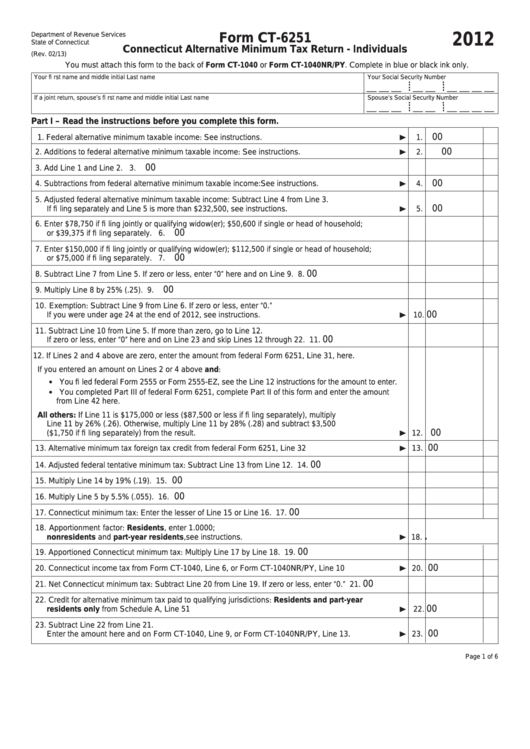Form Ct-6251 - Connecticut Alternative Minimum Tax Return - Individuals - 2012 Printable pdf