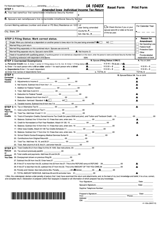 Fillable Form Ia 1040x Amended Iowa Individual Tax Return