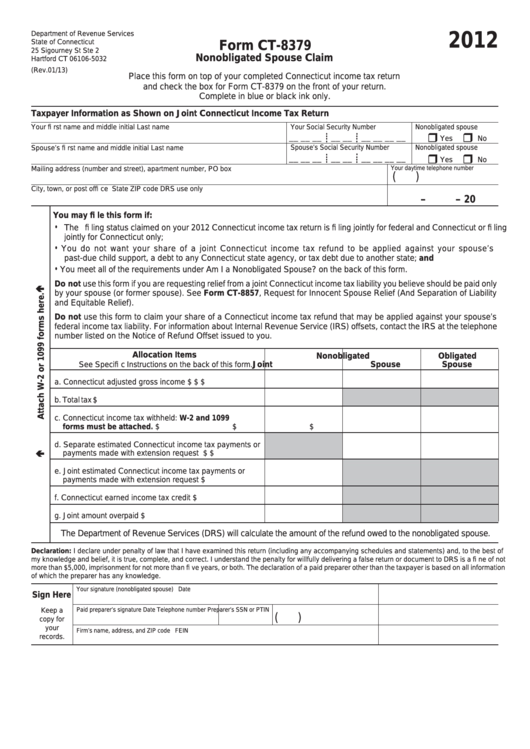 Form Ct-8379 - Nonobligated Spouse Claim - 2012 Printable pdf
