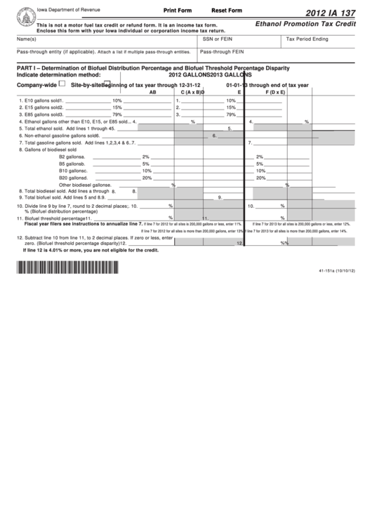 Fillable Form Ia 137 - Ethanol Promotion Tax Credit - 2012 Printable pdf