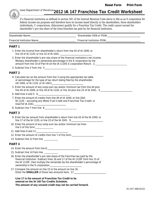 Fillable Form Ia 147 - Franchise Tax Credit Worksheet - 2012 Printable pdf