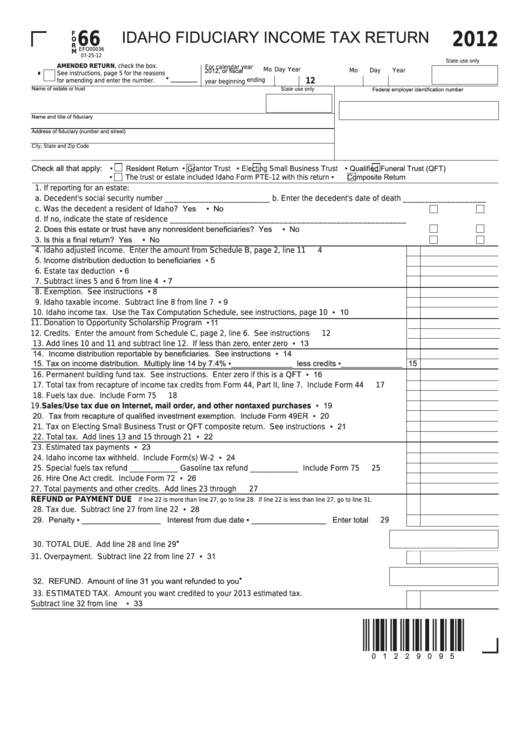 Fillable Form 66 - Idaho Fiduciary Income Tax Return - 2012 Printable pdf