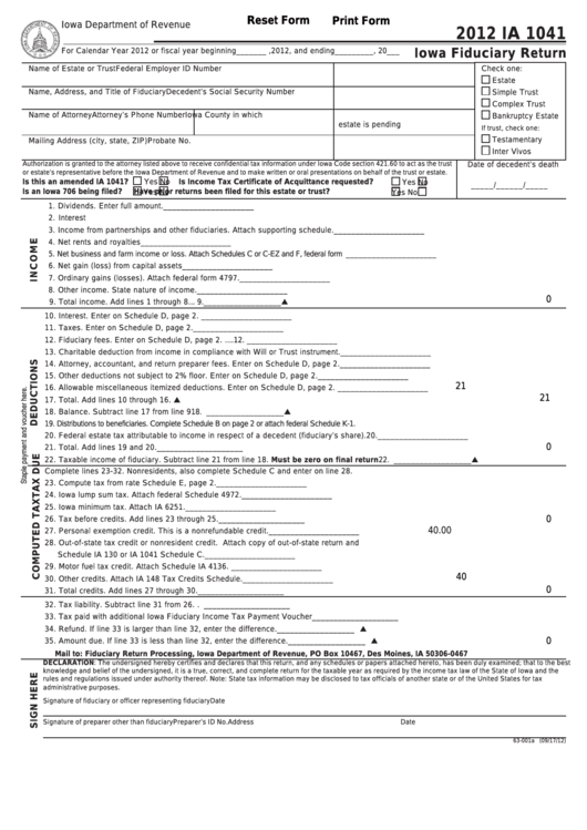 Fillable Form Ia 1041 - Iowa Fiduciary Return - 2012 Printable pdf