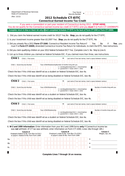 Fillable Schedule Ct-Eitc - Connecticut Earned Income Tax Credit - 2012 Printable pdf