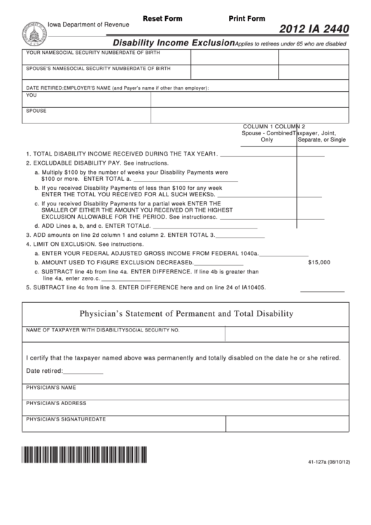 Fillable Form Ia 2440 - Disability Income Exclusion - 2012 Printable pdf
