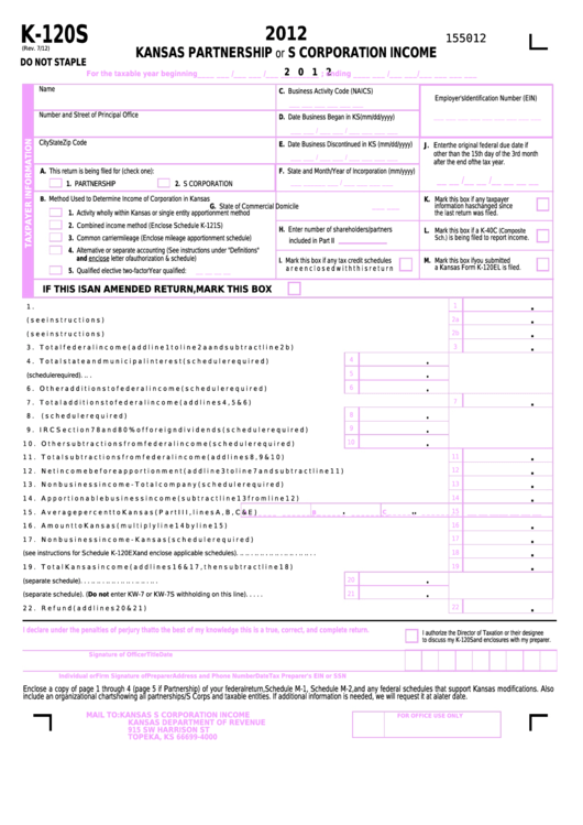Fillable Form K-120s - Kansas Partnership Or S Corporation Income - 2012 Printable pdf