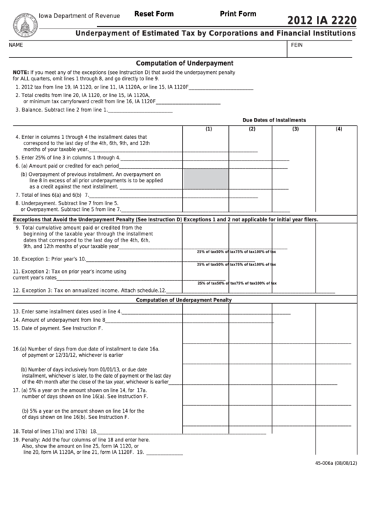 Fillable Form Ia 2220 - Underpayment Of Estimated Tax By Corporations And Financial Institutions - 2012 Printable pdf