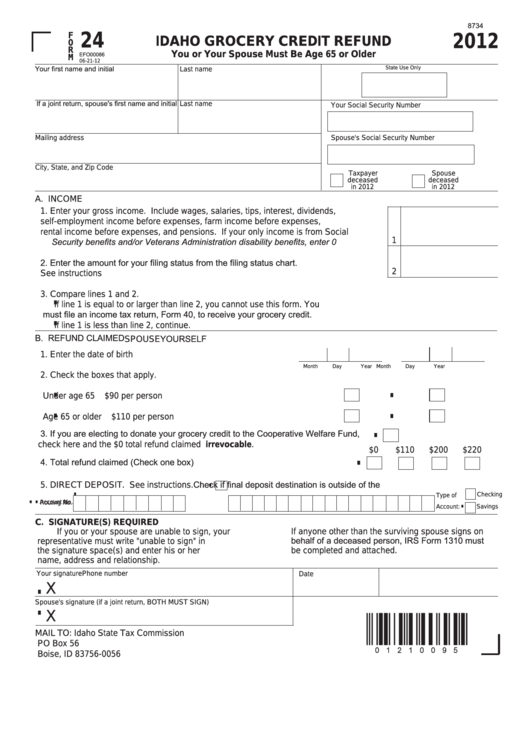 Fillable Form 24 - Idaho Grocery Credit Refund - 2012 Printable pdf