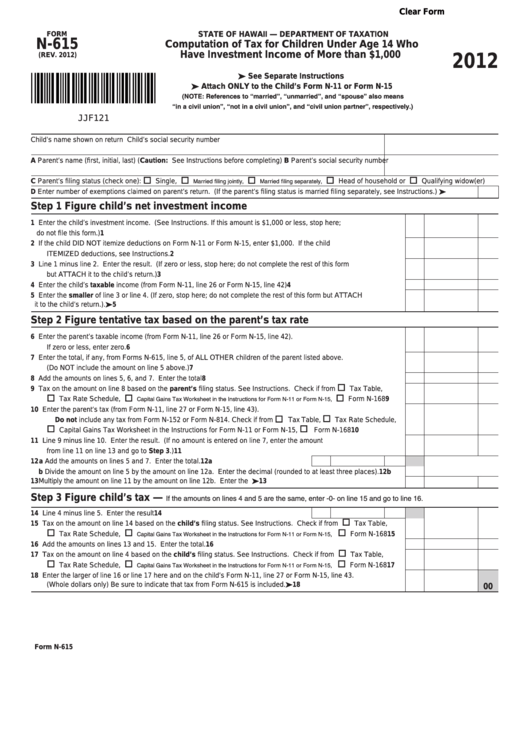 Form N-615 - Computation Of Tax For Children Under Age 14 Who Have Investment Income Of More Than 1,000
