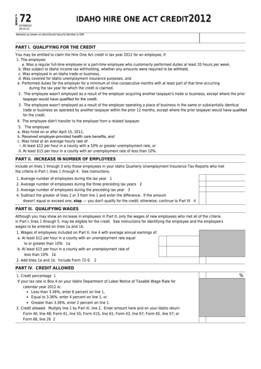 Fillable Form 72 - Idaho Hire One Act Credit - 2012 Printable pdf