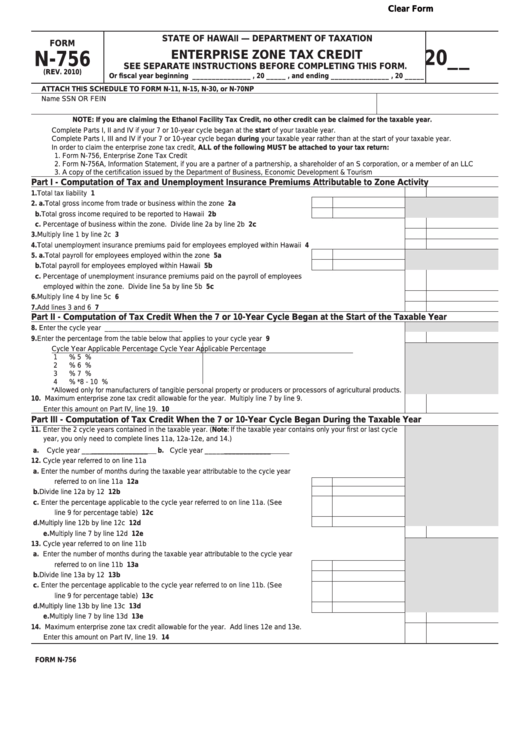 Fillable Form N-756 - Enterprise Zone Tax Credit Printable pdf