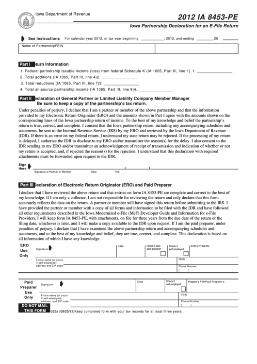 Form Ia 8453-Pe - Iowa Partnership Declaration For An E-File Return - 2012 Printable pdf