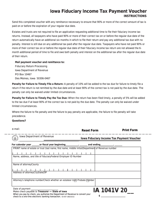 Fillable Form Ia 1041v - Iowa Fiduciary Income Tax Payment Voucher Printable pdf