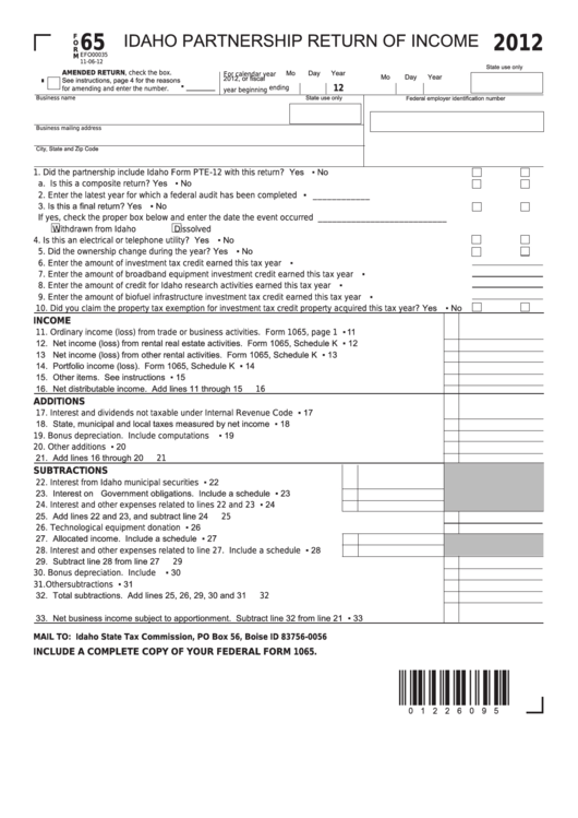Fillable Form 65 - Idaho Partnership Return Of Income - 2012 Printable pdf