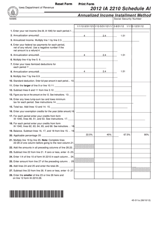 Fillable Form Ia 2210 - Schedule Ai - Annualized Income Installment Method - 2012 Printable pdf