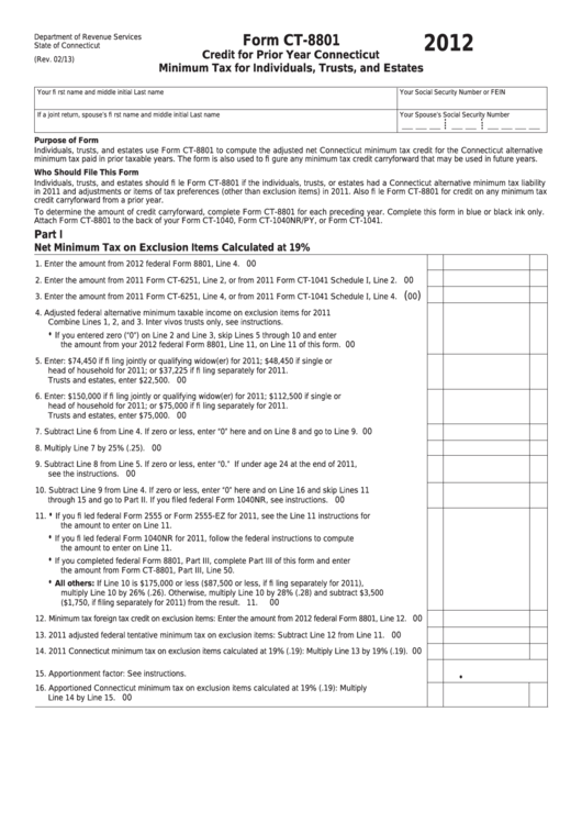 Form Ct-8801 - Credit For Prior Year Connecticut Minimum Tax For Individuals, Trusts, And Estates - 2012 Printable pdf
