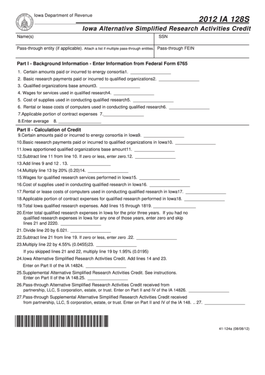 Fillable Form Ia 128s - Iowa Alternative Simplified Research Activities Credit - 2012 Printable pdf
