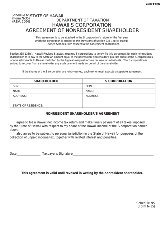 Form N-35 - Schedule Ns - Hawaii S Corporation Agreement Of Nonresident Shareholder