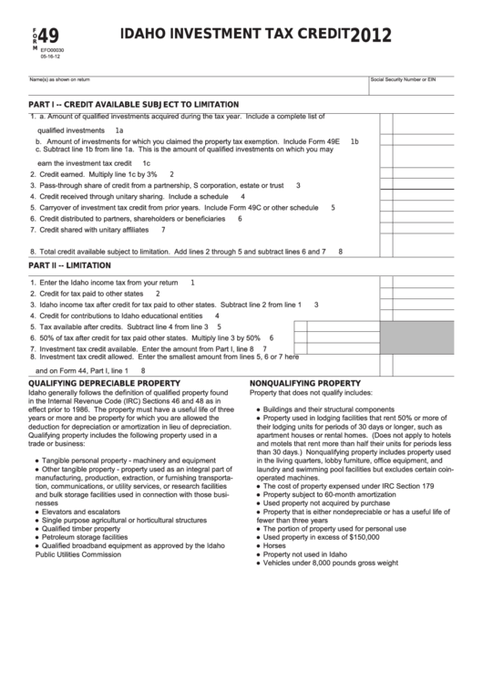 Fillable Form 49 - Idaho Investment Tax Credit - 2012 Printable pdf
