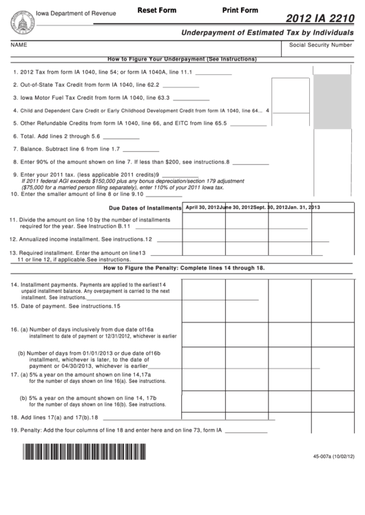 Fillable Form Ia 2210 - Underpayment Of Estimated Tax By Individuals - 2012 Printable pdf