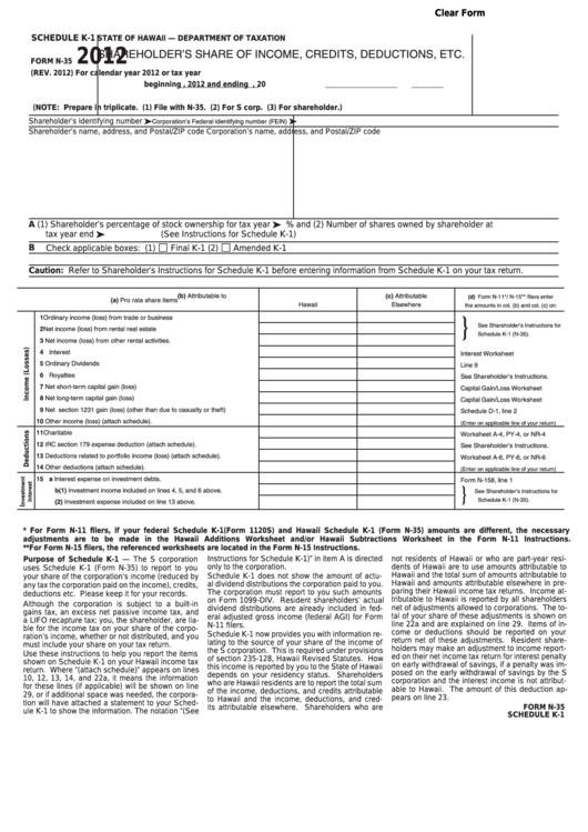 Form N-35 - Schedule K-1 - Shareholder's Share Of Income, Credits, Deductions, Etc. - 2012