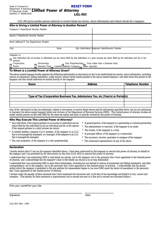Fillable Form Lgl-003 - Limited Power Of Attorney Printable pdf