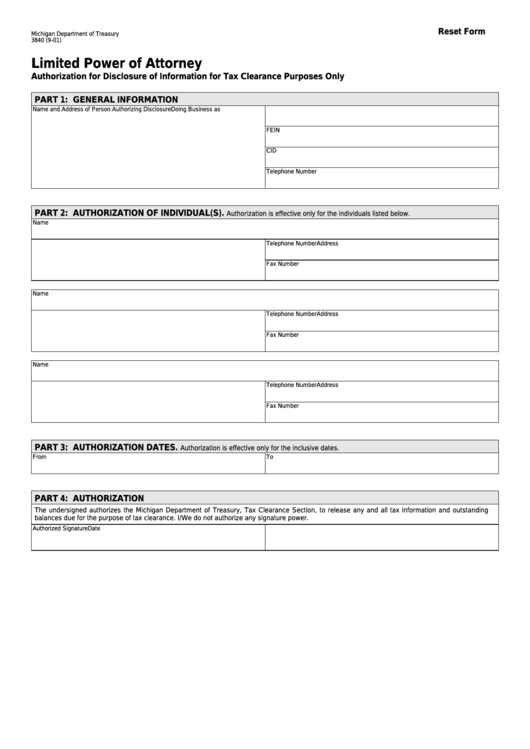 Fillable Form 3840 - Limited Power Of Attorney Authorization For Disclosure Of Information For Tax Clearance Purposes Only Printable pdf