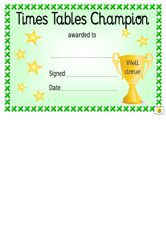 Times Tables Champion Award Certificate Template Printable pdf