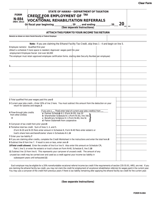 Form N-884 - Credit For Employment Of Vocational Rehabilitation Referrals