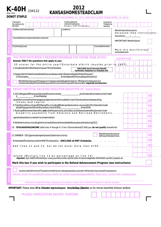 Fillable Form K-40h - Kansas Homestead Claim - 2012 Printable pdf
