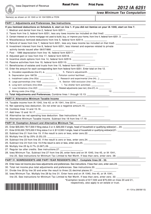Fillable Form Ia 6251 - Iowa Minimum Tax Computation - 2012 Printable pdf