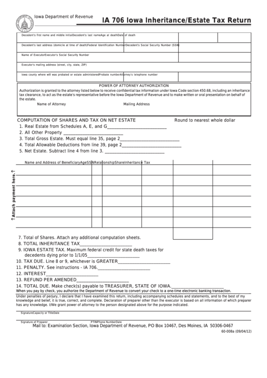 Form Ia 706 - Iowa Inheritance/estate Tax Return Printable pdf