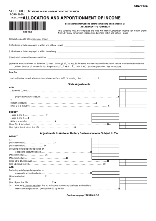 Fillable Form N-20 - Schedule O - Allocation And Apportionment Of Income Printable pdf