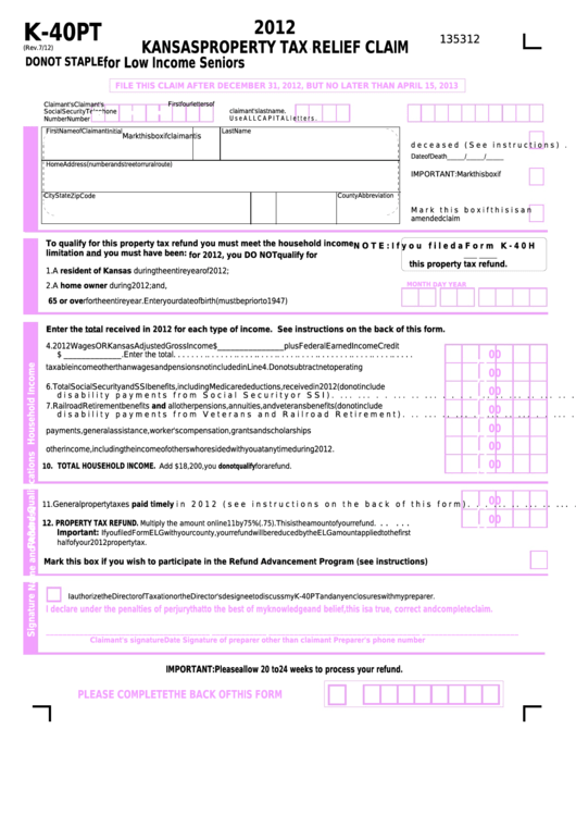 Fillable Form K-40 Pt - Kansas Property Tax Relief Claim - 2012 Printable pdf