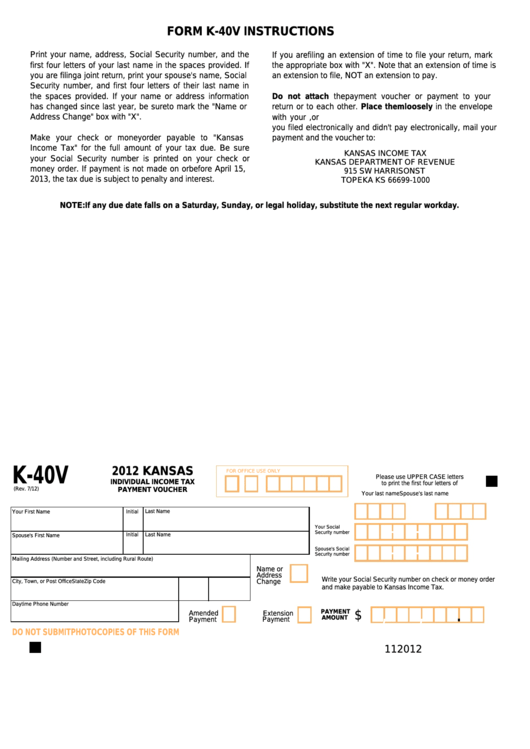 Fillable Form K-40v - Kansas Individual Income Tax Payment Voucher - 2012 Printable pdf