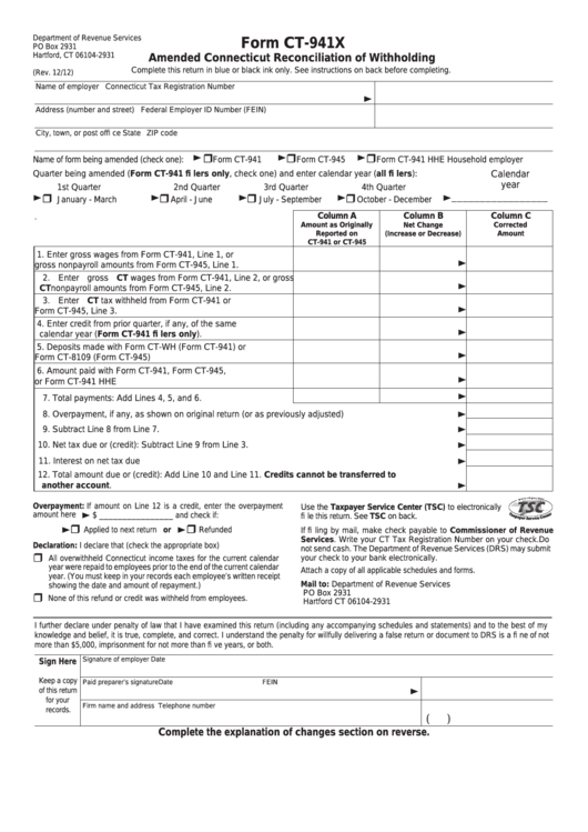 Form Ct-941x - Amended Connecticut Reconciliation Of Withholding Printable pdf